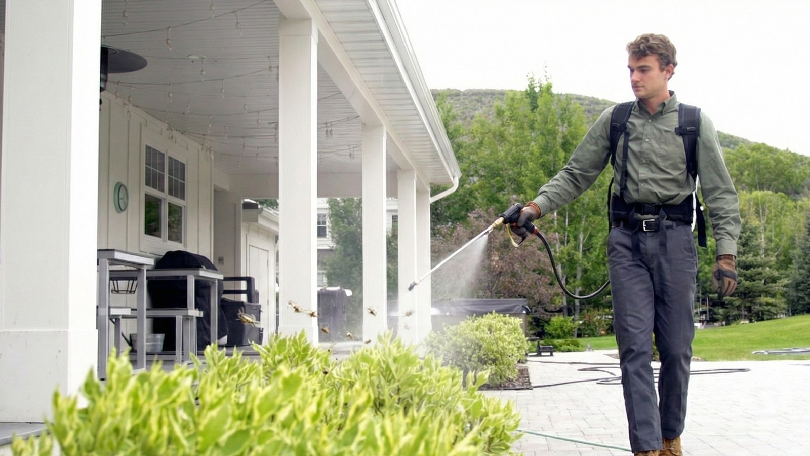 Pest control technician spraying landscaping — Utah County